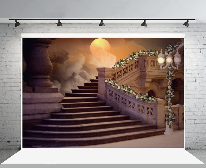 AOFOTO 10x8ft Vintage Stairs Photography Backdrop Gothic Castle Staircase with Floral Garland Photo Background Retro Elegant Wedding Anniversary Party Decoration Adult Portrait Photo Shoot Props - Image 3
